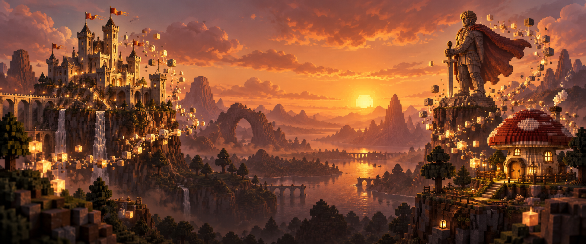 Voxel builds forming at sunset